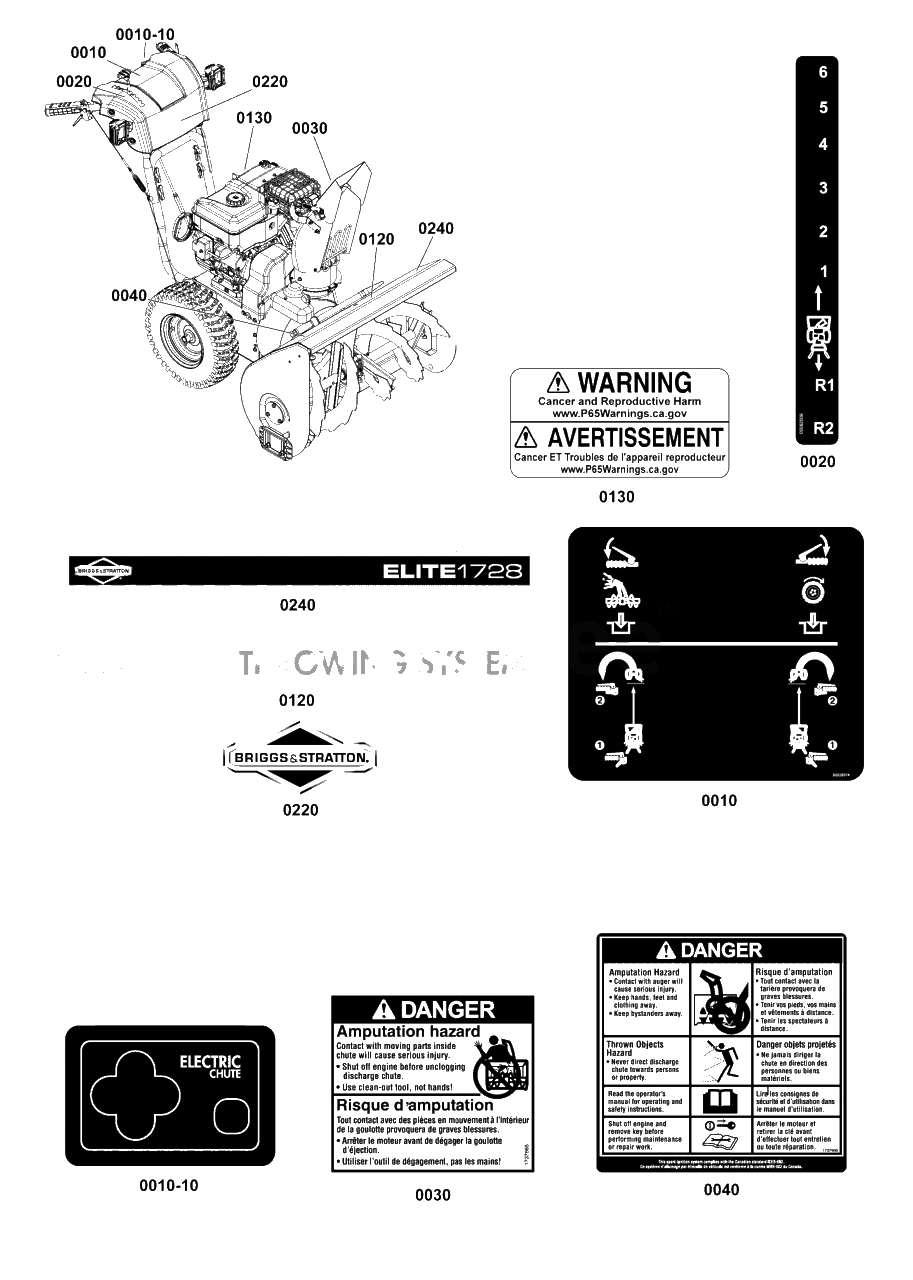 Decals Group Diagram and Parts List for H1728E (1696951-00)(2020) Briggs and Stratton Snow Blower